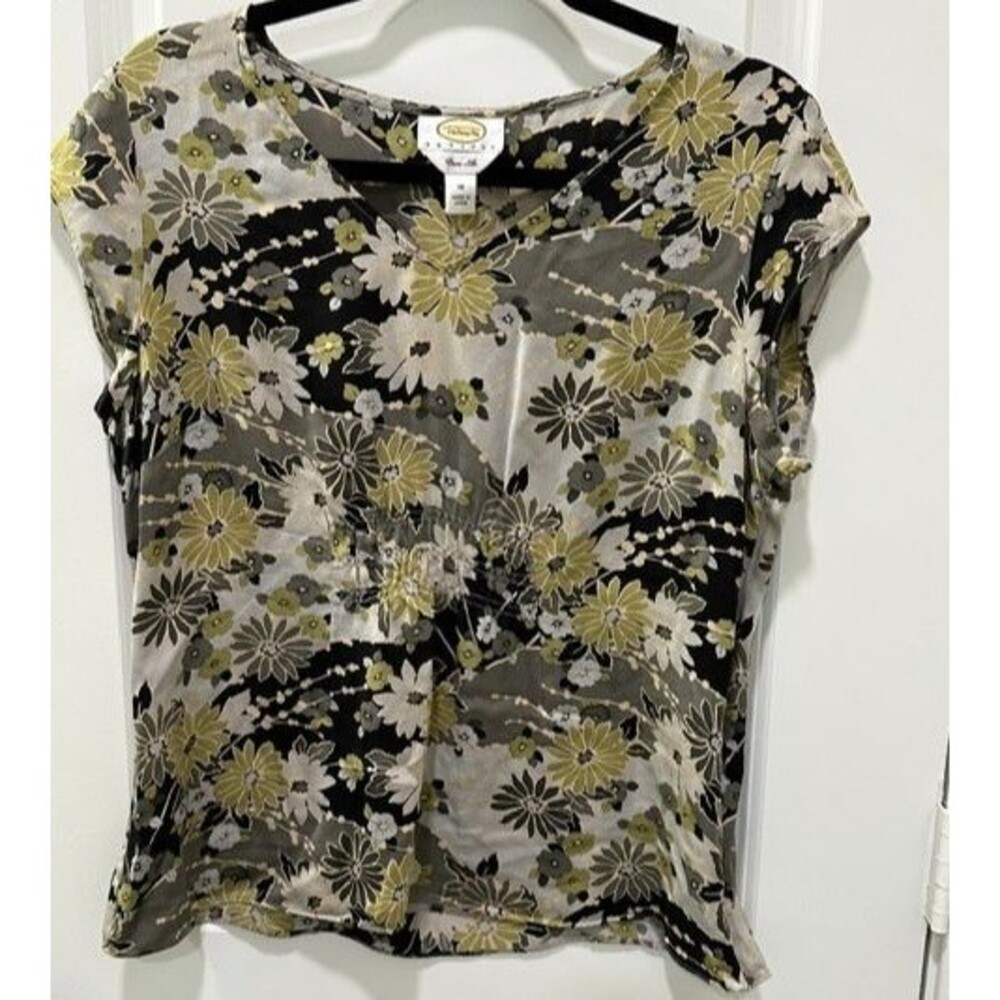 Talbots Petites 100% Pure Silk Floral Blouse Sz 14P Cap Sleeve Black Olive Gray